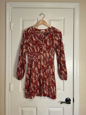 Maroon Paisley Long-Sleeve Smocked Waist Dress